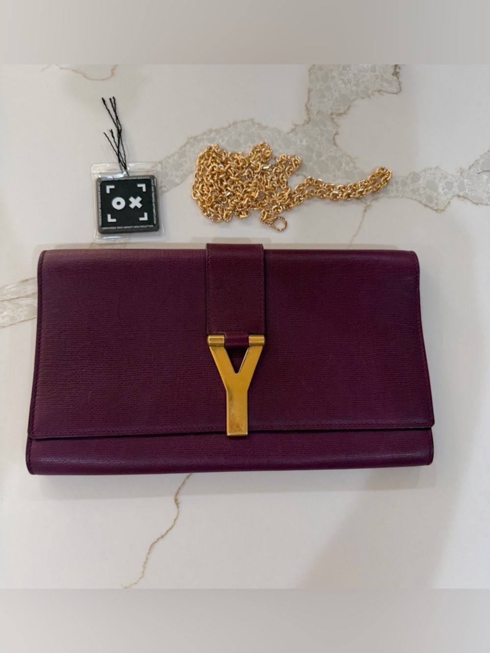Yves Saint Laurent Plum Leather Clutch with Gold Y Accent